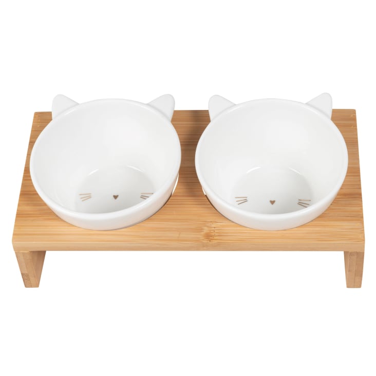 Maisons du Monde Miaou miaou - Comederos de porcelana (x2) con soporte de bambú