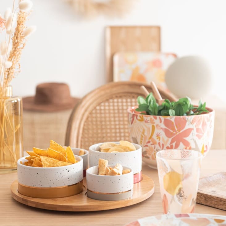 Maisons Du Monde MILA - Bandeja De Aperitivos De Bambú Con 4 Cuencos De Porcelana