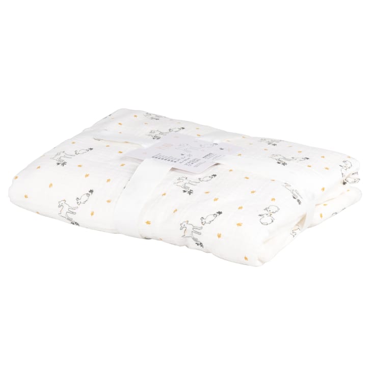 Maisons Du Monde Mimizan - Manta Para Bebé Color Gris Blanco Y Amarillo Mostaza Con Animales 75 X 100 Cm