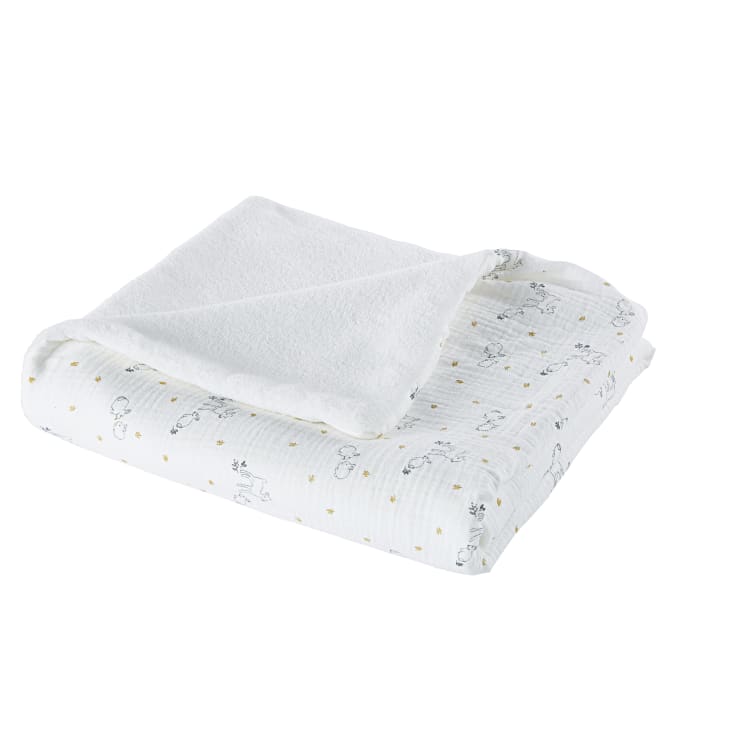 Maisons du Monde Mimizan - Manta para bebé color gris blanco y amarillo mostaza con animales 75 x 100 cm