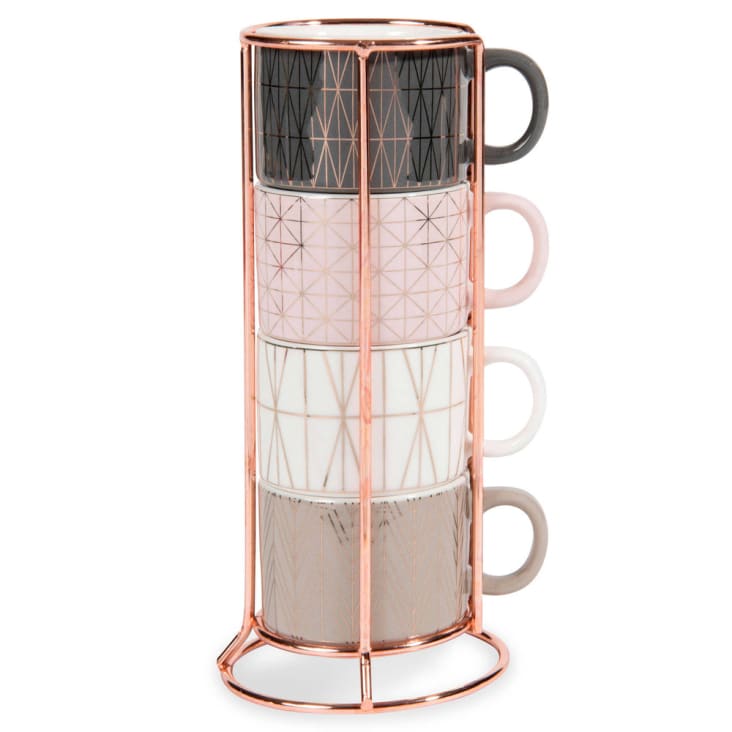 Maisons du Monde Modern Copper - Tazas de espresso de porcelana y soporte metálico (x4)