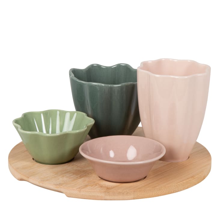 Maisons du Monde Mona - Set de 5 cuencos de cerámica y bandeja para aperitivos y bambú