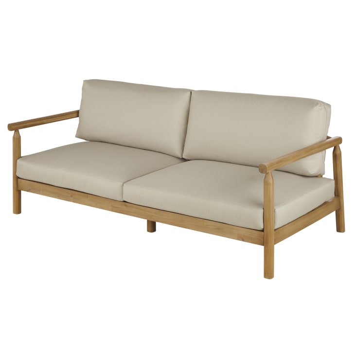 Maisons Du Monde Moscari - Sofá De Jardín De 3 Plazas De Madera De Acacia Maciza Con Cojines De Tela Reciclada Beige