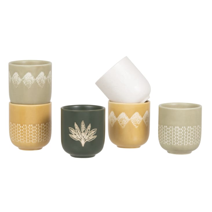 Maisons Du Monde MYRIAM - Juego De Tazas (x6) De Cerámica Verde Amarillo Y Blanco Con Motivos