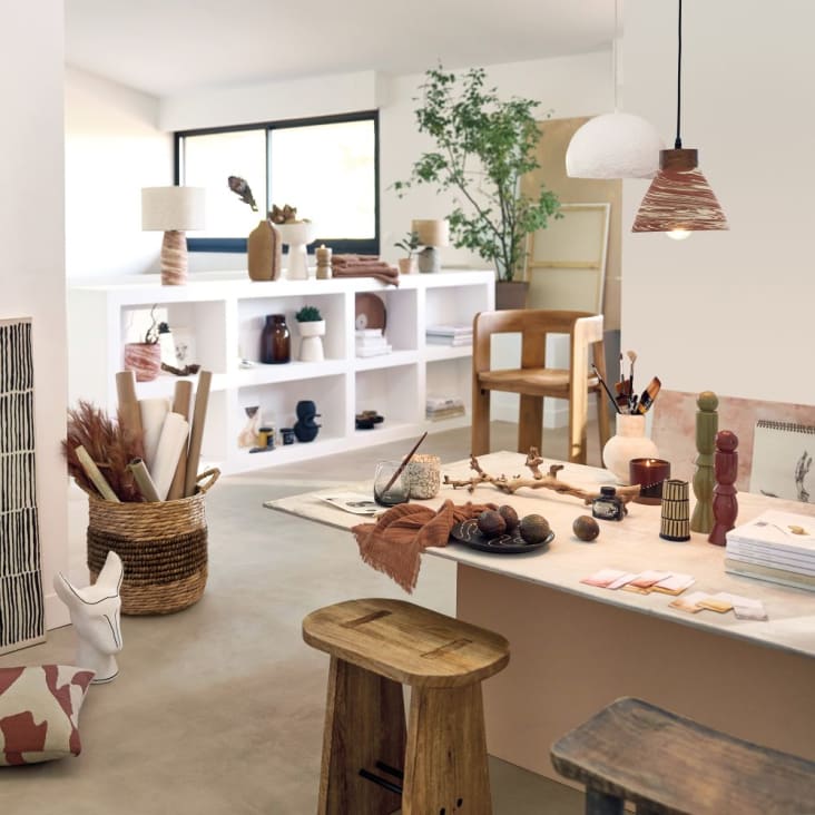 Maisons Du Monde Nelsana - Lámpara De Cerámica Negra Y Crema Con Pantalla De Yute