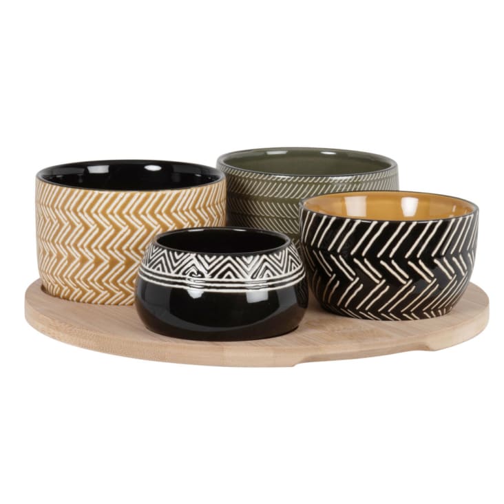 Maisons du Monde NELSON - Cuencos de aperitivo de cerámica con estampado multicolor (x4) y plato de bambú