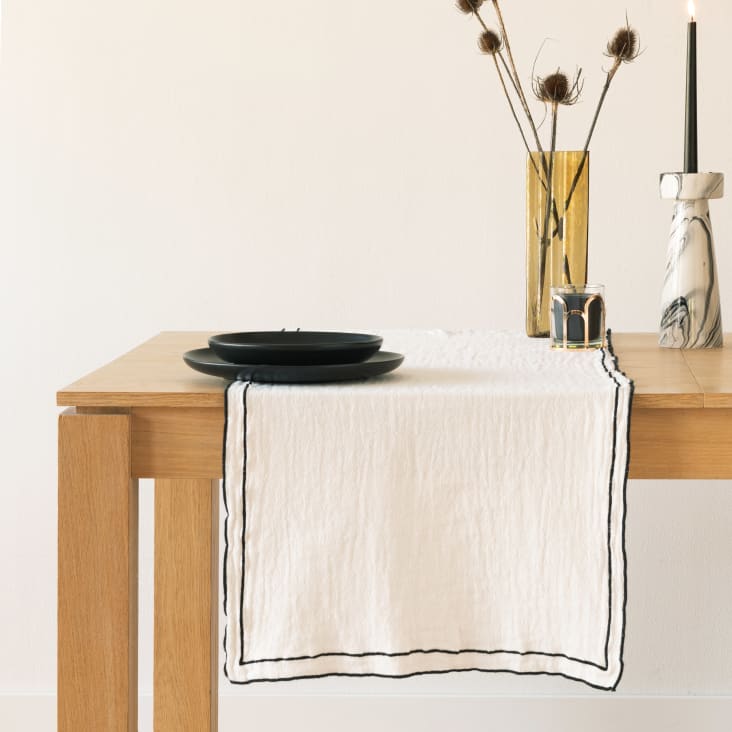 Maisons du Monde Newark - Camino de mesa de gasa de algodón orgánico blanco con abejorro negro 50x150