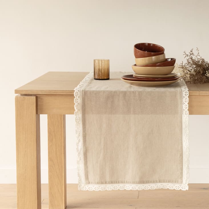 Maisons du Monde Nicolas - Camino de mesa de algodón beige con encaje en blanco roto 50x150 cm