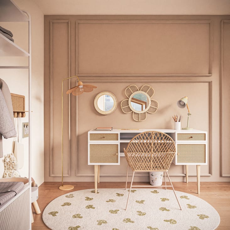 Maisons Du Monde Oia - Lámpara De Pie De Madera De Caucho Con Pantalla De Ratán Alt. 142