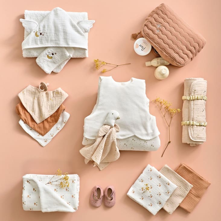 Maisons Du Monde OIA - Mantita Apego Con Pájaro En Gasa De Algodón Orgánico Blanco Beige Y Rosa