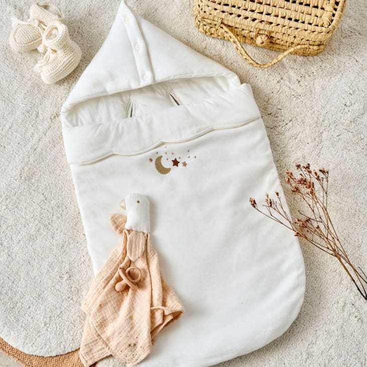 Maisons Du Monde OIA - Mantita Apego Con Pájaro En Gasa De Algodón Orgánico Blanco Beige Y Rosa