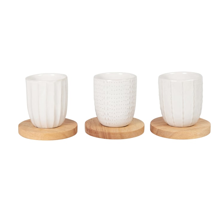 Maisons Du Monde Orphie - Set De 4 Tazas De Cerámica Blanca Y Platillos De Madera De Hevea