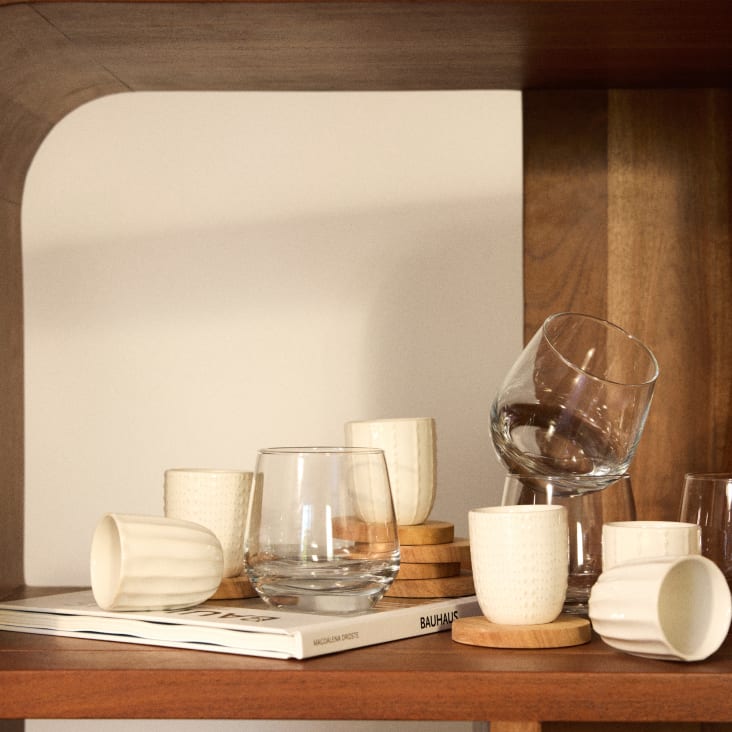 Maisons Du Monde Orphie - Set De 4 Tazas De Cerámica Blanca Y Platillos De Madera De Hevea