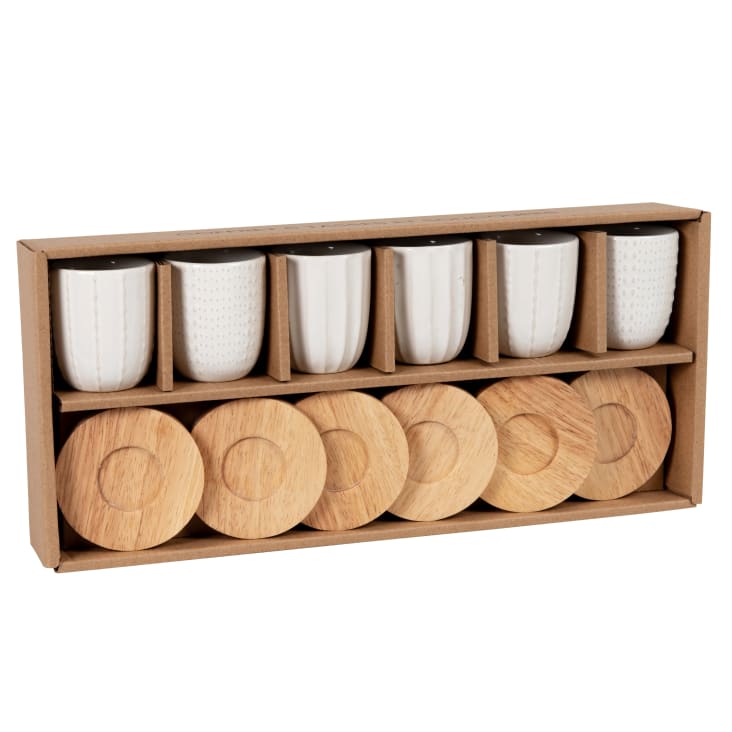 Maisons du Monde Orphie - Set de 4 tazas de cerámica blanca y platillos de madera de hevea