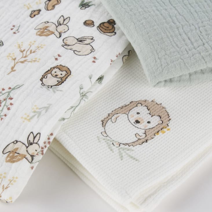Maisons Du Monde OULANKA - Muselinas De Bebé De Algodón Orgánico Blanco Azul Y Blanco Estampado Bosque (x3)