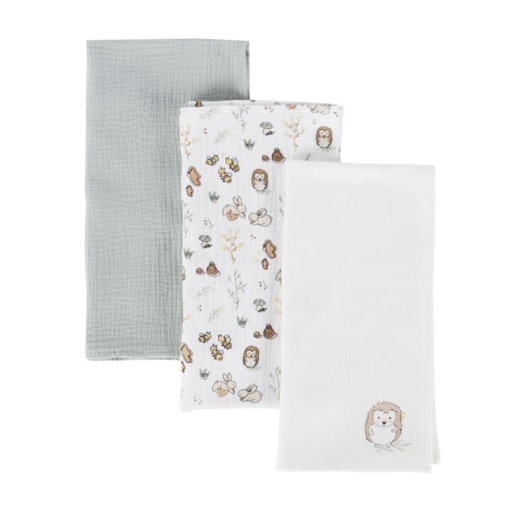 Maisons du Monde OULANKA - Muselinas de bebé de algodón orgánico blanco azul y blanco estampado bosque (x3)