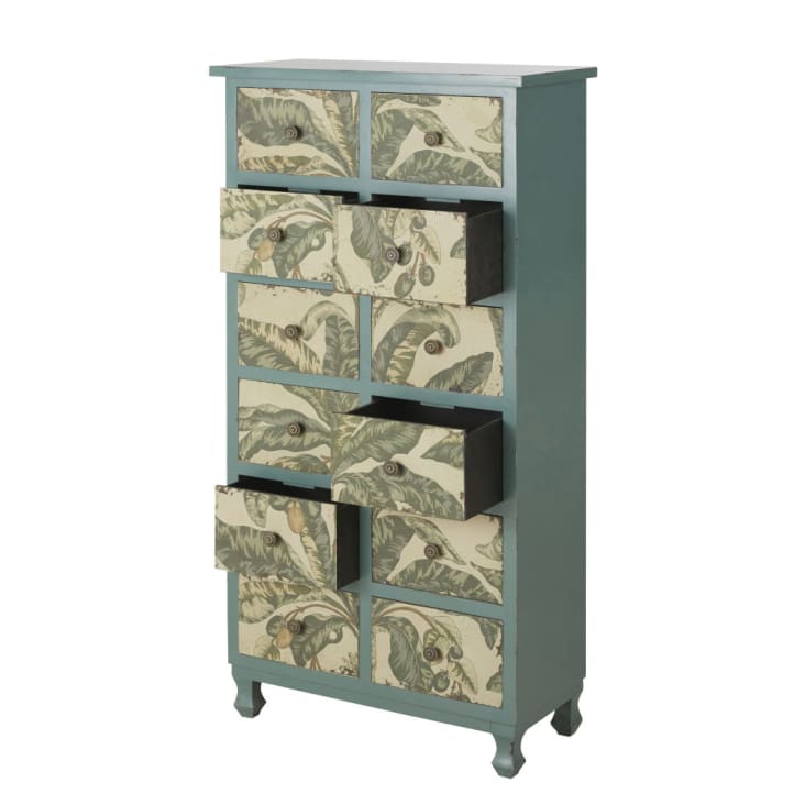 Maisons Du Monde Palmiya - Mueble Semanario Con 12 Cajones Color Verde Con Estampado De Hojas De Plátano