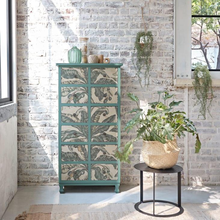 Maisons Du Monde Palmiya - Mueble Semanario Con 12 Cajones Color Verde Con Estampado De Hojas De Plátano