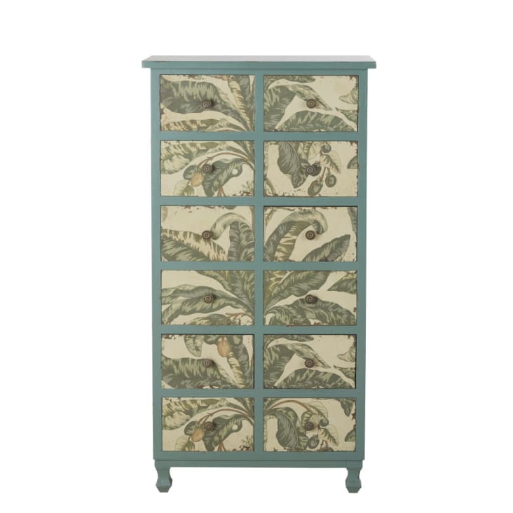 Maisons du Monde Palmiya - Mueble semanario con 12 cajones color verde con estampado de hojas de plátano