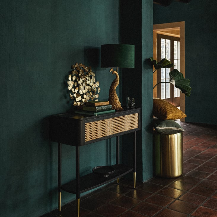 Maisons Du Monde Paonia - Lámpara De Pavo En Dorado Con Pantalla De Terciopelo En Verde
