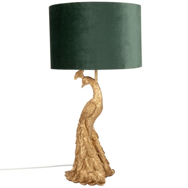 Maisons du Monde Paonia - Lámpara de pavo en dorado con pantalla de terciopelo en verde