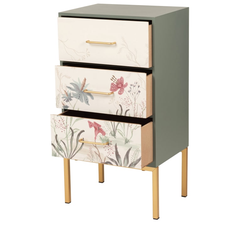 Maisons Du Monde Pequeño Mueble De Almacenamiento De 3 Cajones Con Flores Verde Y Beige