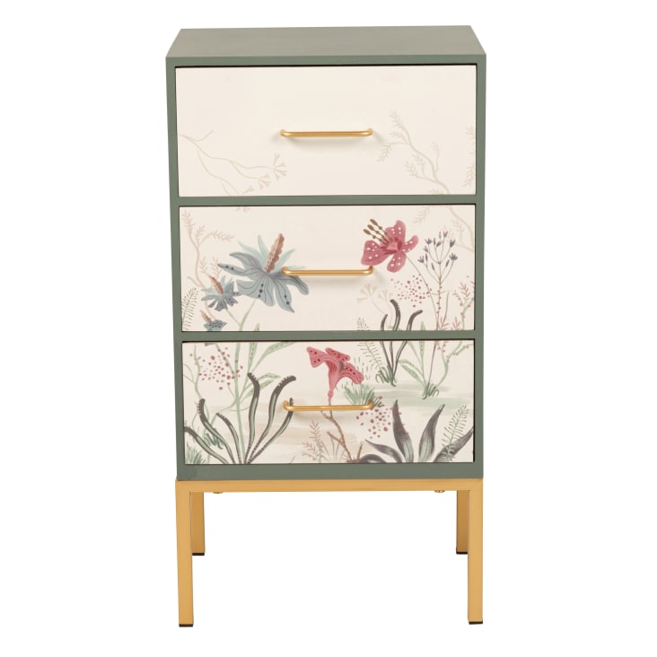 Maisons du Monde Pequeño mueble de almacenamiento de 3 cajones con flores verde y beige