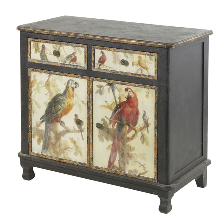 Maisons Du Monde Perroquet - Aparador Con 2 Puertas Y 2 Cajones Negro Con Estampado De Loros