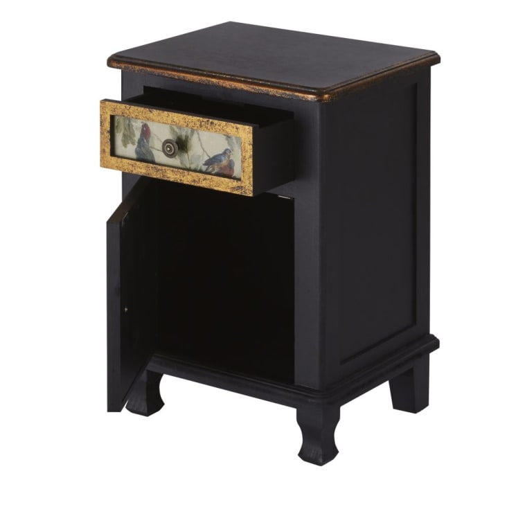 Maisons Du Monde Perroquet - Mesita De Noche Con 1 Puerta Y 1 Cajón Negra Y Dorada Con Estampados