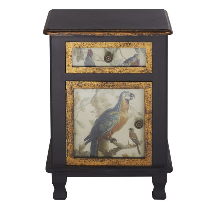 Maisons du Monde Perroquet - Mesita de noche con 1 puerta y 1 cajón negra y dorada con estampados