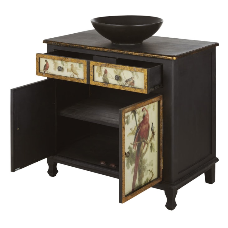 Maisons Du Monde Perroquet - Mueble De Baño Con 1 Cajón Y Dos Puertas De Madera De Abeto En Negro Y Motivos De Loros