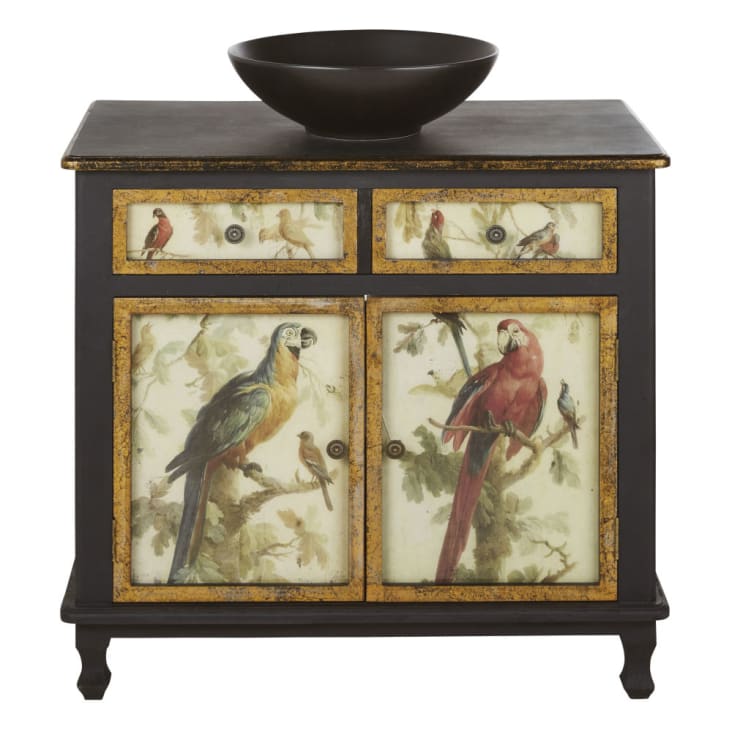 Maisons du Monde Perroquet - Mueble de baño con 1 cajón y dos puertas de madera de abeto en negro y motivos de loros