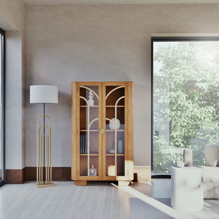 Maisons Du Monde Perseus - Vitrina De Madera De Mango Con Puertas De Cristal Y Detalles De Ratán