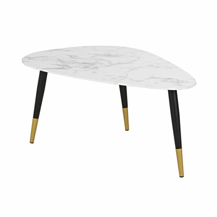 Maisons Du Monde Phea - Mesa Baja De Cristal Con Efecto Mármol Blanco Y Metal Color Latón Y Negro