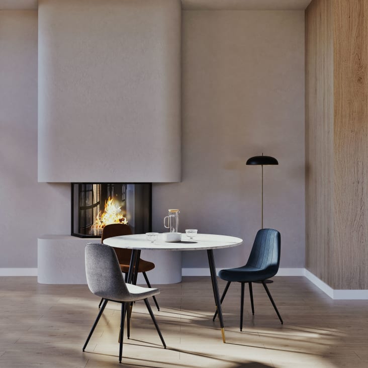 Maisons Du Monde Phea - Mesa De Comedor De Cristal Con Efecto Mármol Blanco Y Metal Color Latón Y Negro Para 5/6 Personas 120 Cm De Diámetro