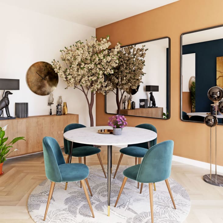 Maisons Du Monde Phea - Mesa De Comedor De Cristal Con Efecto Mármol Blanco Y Metal Color Latón Y Negro Para 5/6 Personas 120 Cm De Diámetro