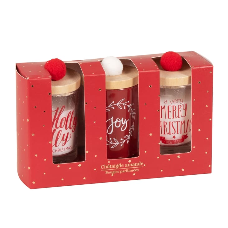 Maisons du Monde POMPONS - Juego de 3 velas de Navidad de cristal con tapa 3x45