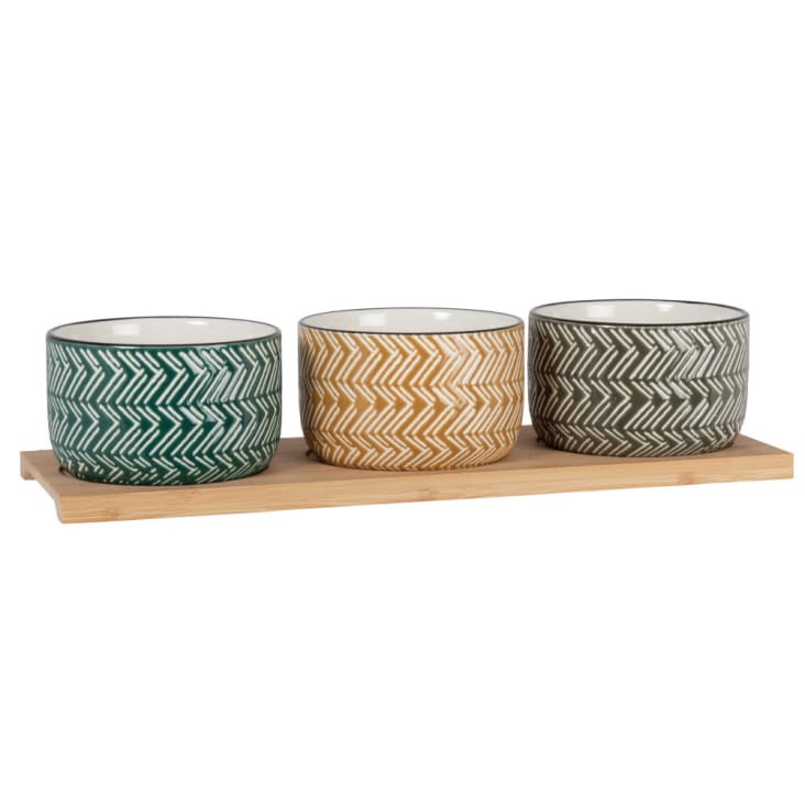 Maisons du Monde PRETORIA - Cuencos de aperitivo de cerámica con estampado gráfico multicolor (x3) y bandeja de bambú