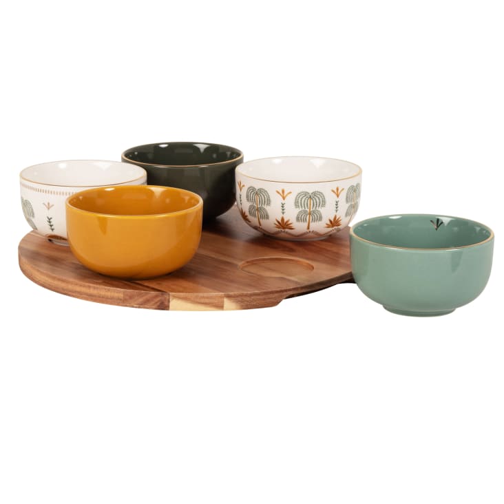 Maisons Du Monde Rita - Juego De 5 Cuencos De Gres De Colores Y Bandeja De Acacia