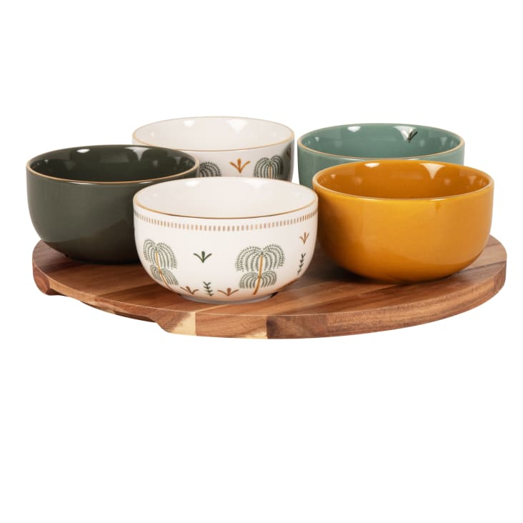 Maisons du Monde Rita - Juego de 5 cuencos de gres de colores y bandeja de acacia