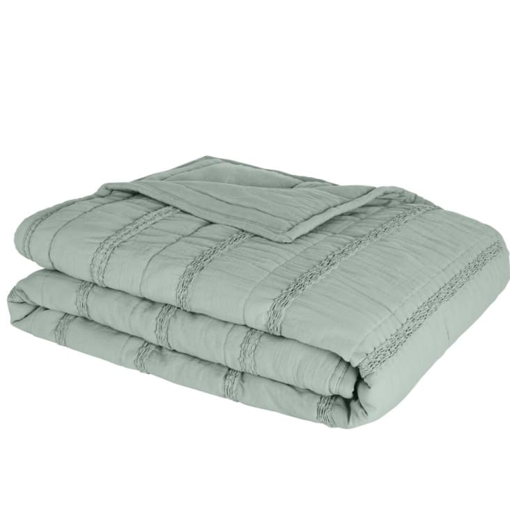 Maisons Du Monde ROMIA - Colcha Cubrecamas Suave Verde Con Bandas Fruncidas 220x240