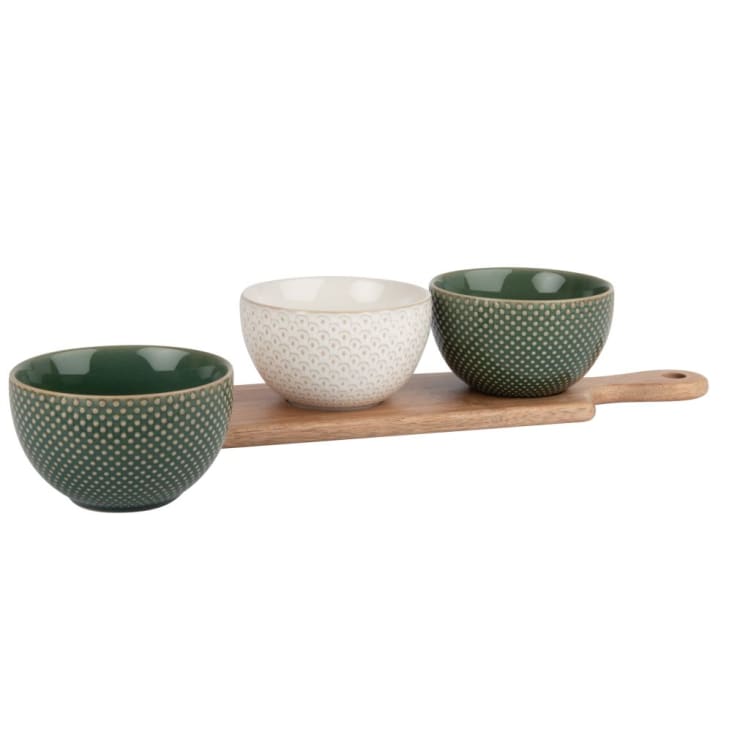 Maisons Du Monde ROOTS - Bandeja De Aperitivos Con 3 Cuencos De Gres Con Motivos Gráficos Grises