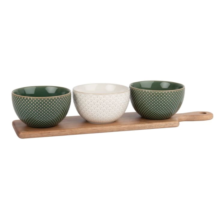Maisons du Monde ROOTS - Bandeja de aperitivos con 3 cuencos de gres con motivos gráficos grises