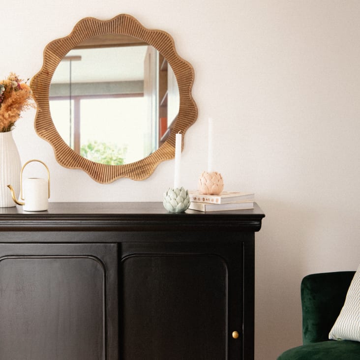 Maisons Du Monde Rosa - Espejo Redondo Ondulado De Madera De Mango Grabada D. 70 Cm