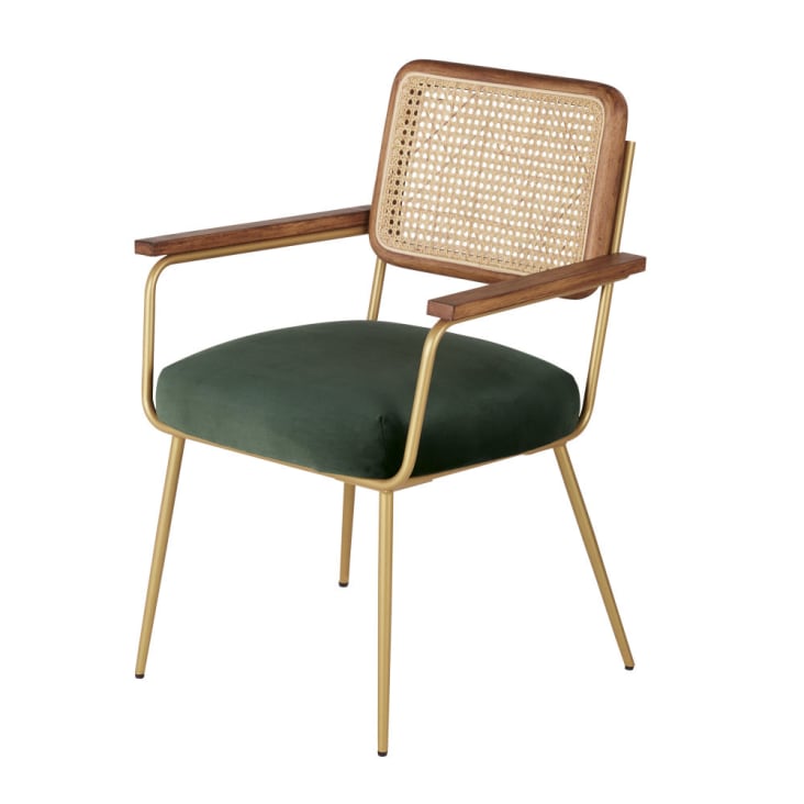Maisons du Monde Rosalie - Silla de comedor de terciopelo verde y rejilla de ratán