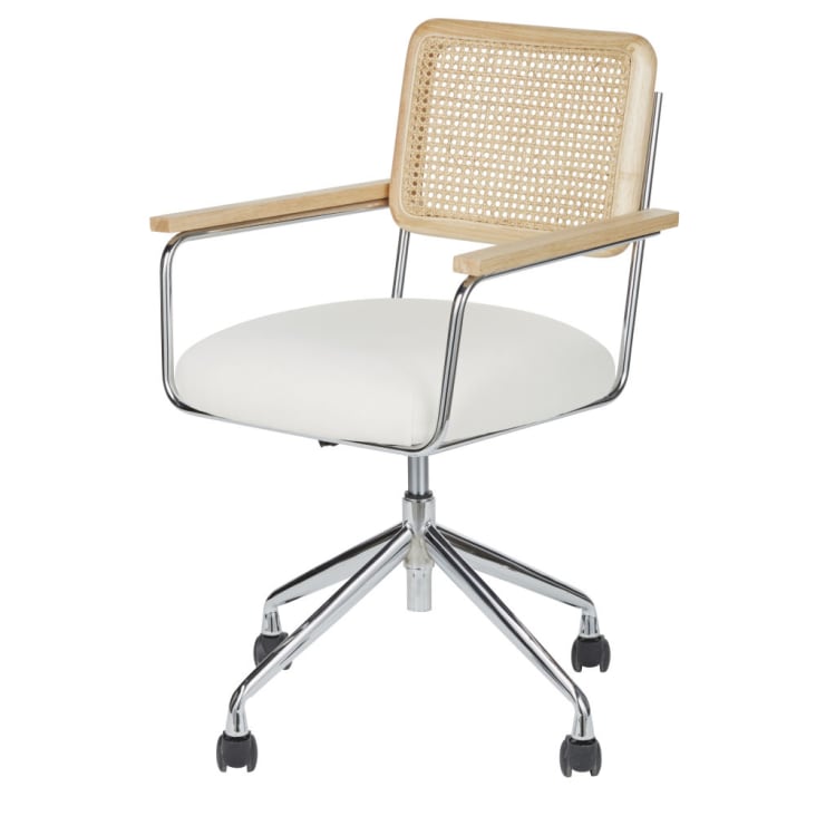 Maisons du Monde Rosalie - Silla escritorio ajustable en altura de rejilla de ratán y tela en crudo con ruedas
