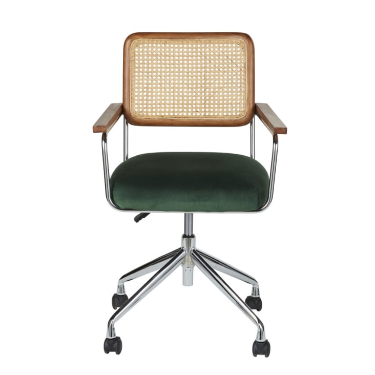 Maisons Du Monde Rosalie - Silla Escritorio Ajustable En Altura De Terciopelo Verde Y Rejilla De Ratán Con Ruedas