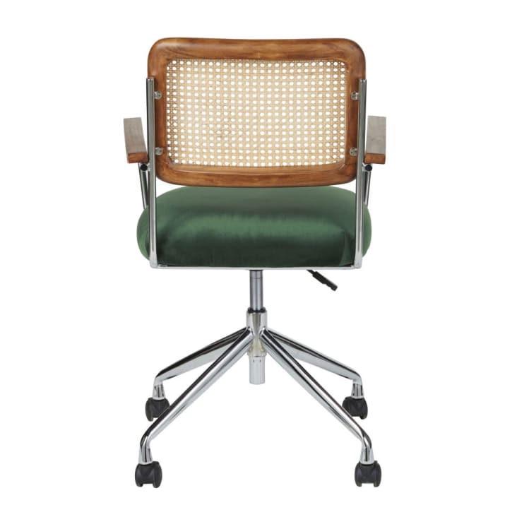 Maisons Du Monde Rosalie - Silla Escritorio Ajustable En Altura De Terciopelo Verde Y Rejilla De Ratán Con Ruedas