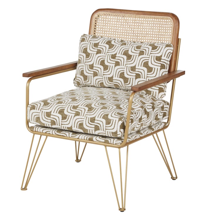 Maisons du Monde Rosalie - Sillón beige y caqui rejilla de ratán y patas de acero dorado