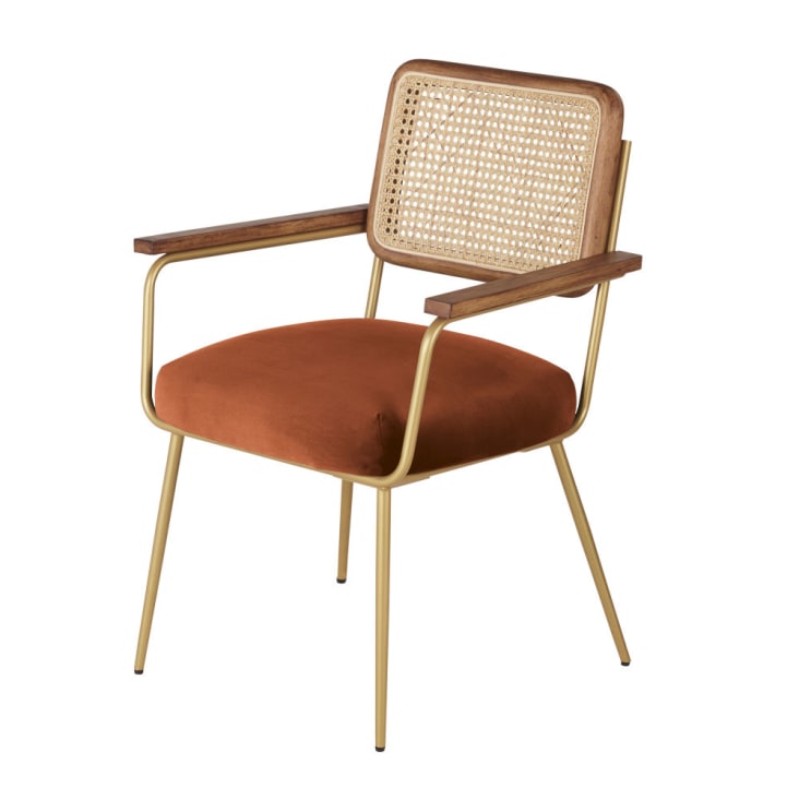 Maisons du Monde Rosalie - Sillón de comedor de rejilla de ratán y terciopelo en naranja ardilla